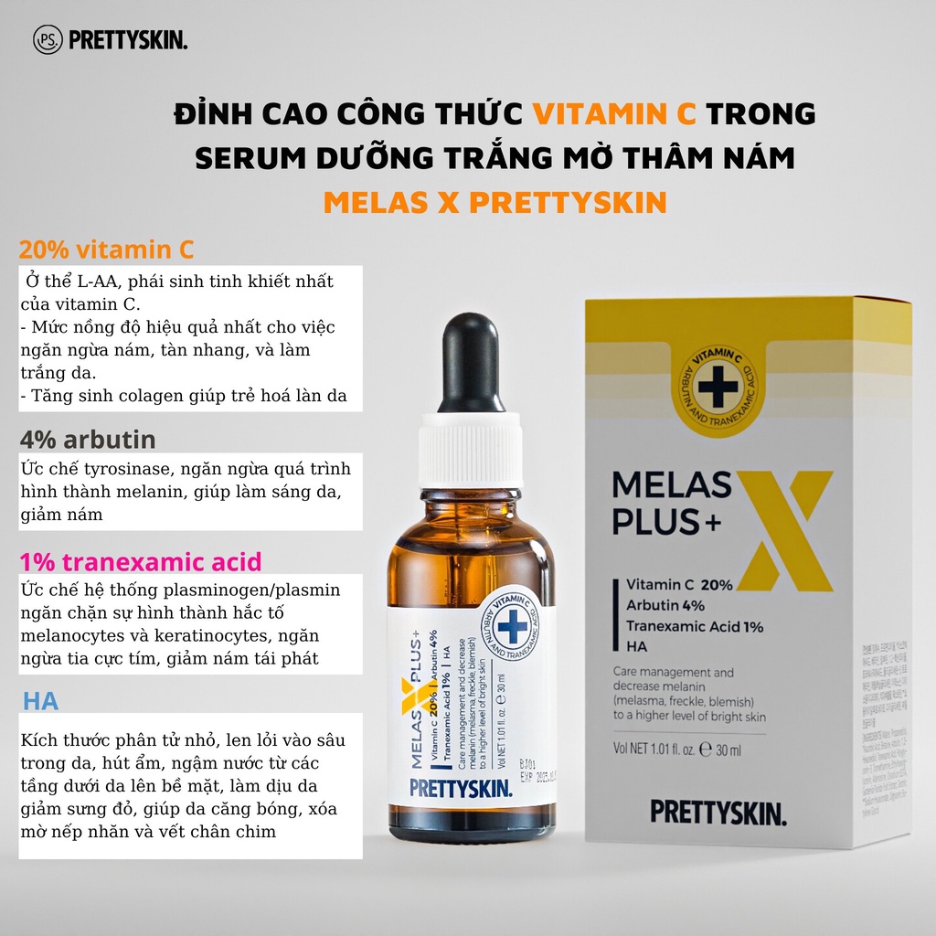 Tinh chất dưỡng trắng mờ thâm nám Pretty skin melas x plus vitamin c 20% arbutin 4% 30ml